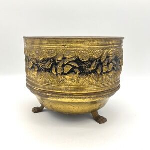 Vintage Made in England Embossed Brass Claw Foot Jardiniere Planter Floral 8in